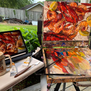 Low Country Boil by Suzie Baker  Image: I painted this from My Dad's back yard - This was a virtual event because the whole world had just gone into lockdown. I was at Dad's house - he had just been diagnosed with lung cancer and lived for another year after this photo was taken. 

I was on Facebook live for this event and he was with live with me for the awards.  When I sold the painting and won first place he said, "Well you couldn't have made more money than if you had robbed a convenience store."