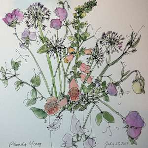 Sweet peas, foxgloves, and allium, July 27, 2024 by Rhonda Young