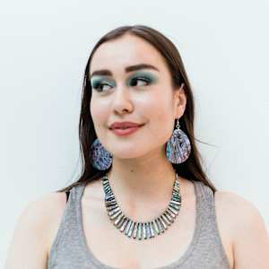 Abalone shell necklace and earrings by Samantha K'_alaag'aa Jaat Biasca