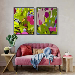 Spring Bulbs II by Marni Rothman  Image: Spring Bulbs I and II capture the energy of a vibrant garden through bold color and layered abstraction. With rich greens, fuchsias, and organic forms, the works invite the viewer into a contemporary take on botanical beauty—bringing nature indoors with movement and depth. A vibrant mix of spring colors... lilac, pink, magenta, chartreuse... This piece began with bulbs I grew inside during the cold winter months. I photographed them at their peak and created this abstraction full of color and vitality. Spring Bulbs I looks great paired with Spring Bulbs II. I've put a photo here of the two together so you can see!
