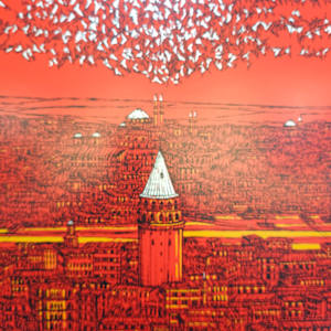 İstanbul; Galata Kırmızı Yorum Serigrafi 1 Numara Orijinal Islak İmzalı by Devrim Erbil 