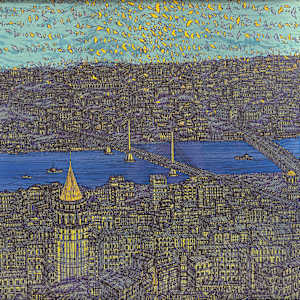 Renkli Kuşlar ve Galata Giclee Islak İmzalı, 2025, Yeni (Sertifikalı) by Devrim Erbil 