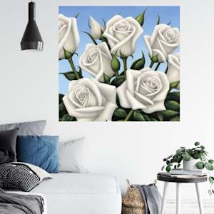 White Roses 1. Floral Painting In White and Blue by Baroque Anarchist