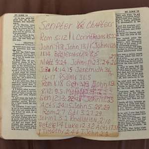 Emma's Bible  Image: List of scriptures written by Foy McCarty (front page)