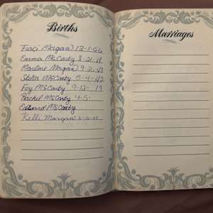 Emma's Bible  Image: List of birth dates, including Emma's, her husband's, her children's, grandchildren's, and in-laws'