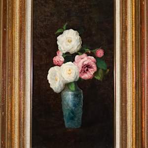 Still Life of White and Pink Roses in a Blue Vase by School of George Cochran Lambdin (American 1830-1896)