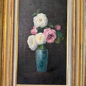 Still Life of White and Pink Roses in a Blue Vase by School of George Cochran Lambdin (American 1830-1896) 