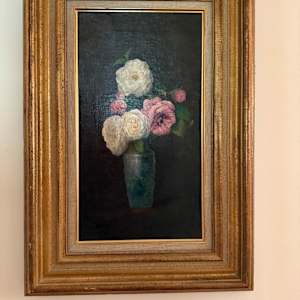 Still Life of White and Pink Roses in a Blue Vase by School of George Cochran Lambdin (American 1830-1896) 