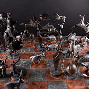 Yellowstone Chess set 32 Bronzes with Carry Box and Board by Tolley Marney  Image: Overview Yellowstone Chess set