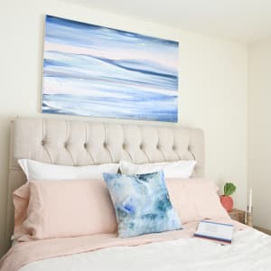 Border the Tides by Dana Mooney  Image: Styled above queen size bed, featuring "Pillow #5" from Dana's 2021 Throw pillow collection 