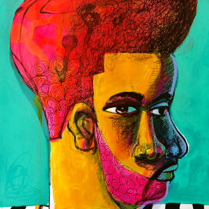 Barber Shop Phrenology #2 (Fresh Kuts)  Image: 'Dirty Red'  Acrylic paints, collage, Molotow markers, ink on paper