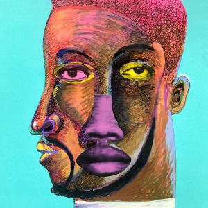 Barber Shop Phrenology #3 (Jokers & Kings)  Image: 'Hakeem The Dream'  Acrylic paint, collage, inks on 8"x10" paper