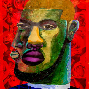 Barber Shop Phrenology #2 (Fresh Kuts)  Image: 'Roderick'  Acrylic paints, collage, Molotow markers, ink on paper