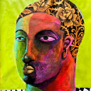 Barber Shop Phrenology #1 (Just Got Paid)  Image: 'Lucky Daye'   Acrylic paints, collage, Molotow markers, ink on paper