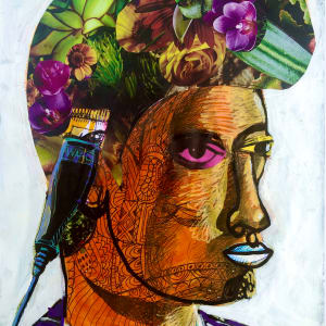 Barber Shop Phrenology #1 (Just Got Paid)  Image: 'Tariq'   Acrylic paints, collage, Molotow markers, ink on paper