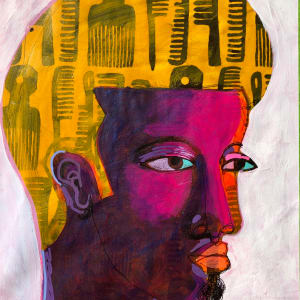 Barber Shop Phrenology #2 (Fresh Kuts)  Image: 'Goldie'   Acrylic paints, collage, Molotow markers, ink on paper