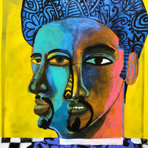 Barber Shop Phrenology #2 (Fresh Kuts)  Image: 'Hakeem'  Acrylic paints, collage, Molotow markers, ink on paper