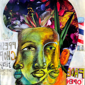 Barber Shop Phrenology #1 (Just Got Paid)  Image: 'Adonis'  Acrylic paints, collage, Molotow markers, ink on paper