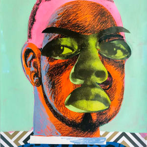 Barber Shop Phrenology #2 (Fresh Kuts)  Image: 'Luther'  Acrylic paints, collage, Molotow markers, ink on paper