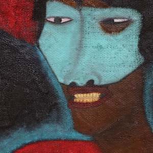 Walter James by Quiara Torres  Image: Oil Stick & Dye on Salvaged Burlap. Copyright © 2025 Quiara Torres  