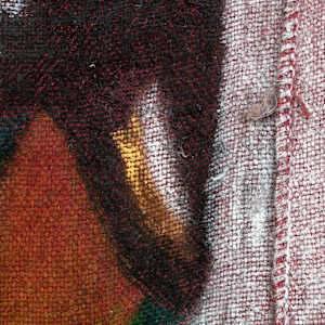 Buena Suerte by Quiara Torres  Image: Oil stick & Dye on Hand Sewn, Salvaged Burlap Sacks. Copyright © 2025 Quiara Torres