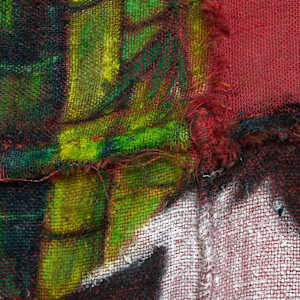 Buena Suerte by Quiara Torres  Image: Oil stick & Dye on Hand Sewn, Salvaged Burlap Sacks. Copyright © 2025 Quiara Torres