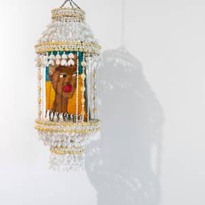 Satin Doll by Quiara Torres  Image: Oil Stick & Dye on Burlap Sack in Shell Frame. Copyright © 2025 Quiara Torres