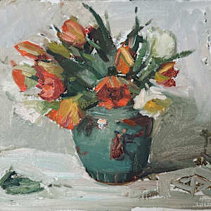 Tulips in a Teal Vase by Patricia Nebbeling
