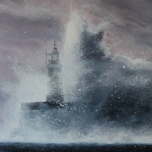 Lighthouse in the spray and storm by Louise Luton