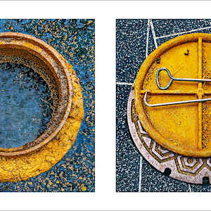 Round Pair #01: Manhole Covers, Orange and Blue by Susan Bowen
