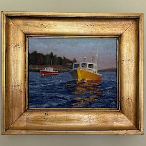 Boothbay Boats (2) by Jennifer Gorman-Strawbridge  Image: Framed with antiqued gold leafed wood crackle frame with red undertones and black sides. Price includes frame.