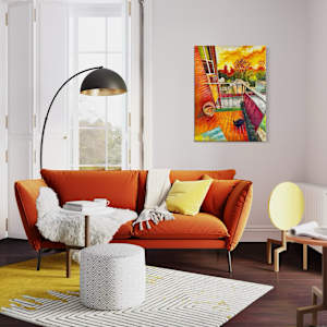 Balcony Cat by Wendy Born  Image: Balcony Cat painting Wendy Born in situ orange couch front view 