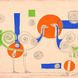 Spiral Birds with Colored Shapes by Aditya Prakash (1924-2008)