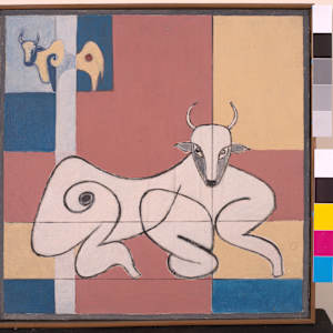 Resting Ox with Modulor Background by Aditya Prakash (1924-2008) 