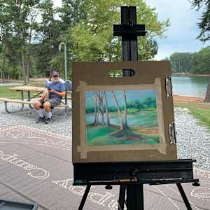 Fall Comes  to Lake Lanier by Barbara Wentzell Jaquith  Image: Plein Air set up for this piece