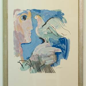 Man with Pigeon by R. M ... (illegible)