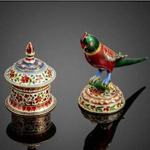 Gem-set enamelled gold parrot and a box