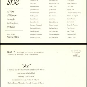 Selection of Exhibition Cards by Amy Ione  Image: Invitation card:
Group exhibition: She: A View of Women Through the Medium of Water
Berkeley Art Center
February 27-March 23, 1987
Artwork on display: Cancer (Astrology series)