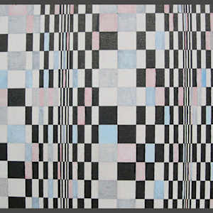Homage to Bridget Riley #2 by Amy Ione  Image: Exquisite painting on canvas board. Measures 16x12 inches. Carefully packed. In standard smoky pewter frame. Media: Thin oil paint and ink. 