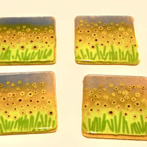 Fused Glass Sunflower Meadow Coaster Set by Susan Mason, Image 1.