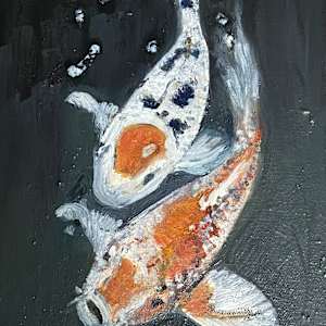 Waterscape with a paired  Tancho- and Bronze Samurai koi. by Karin Moustakas