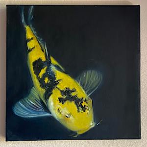 Dark waterscape with striking yellow mottled koi carp by Karin Moustakas, Image 1.