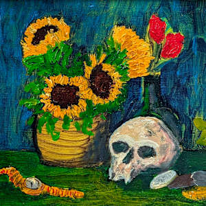 Red Poppies In Vase (2-sided painting) by Douglas Black  Image: REVERSE Skull With Sunflowers