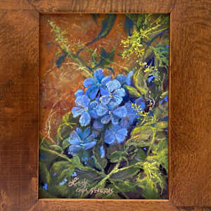 Whispers of Blue by Lindy Cook Severns  Image: framed in burled style sustainable wood, made in the USA