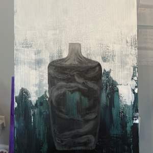 Message in a Bottle by Lindsey Veil  Image: Work in progress- the wood was stained as the background first. Then the abstract background was painted next. Then the darkest values are added in before the lighter values.