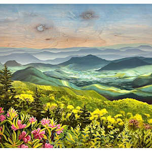 The Journey of Light by Lindsey Veil  Image: Left panel of The Journey of Light triptych. 30” x 45”
I did not prime the wood first, but I stained it to be the sky. Then I painted the darkest values in first, and used the wet-on-wet technique for the fog and gradient in the background mountains. I had to let each layer of mountains dry before I could paint the next layer in.