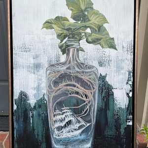 Message in a Bottle by Lindsey Veil  Image: Final painting complete with a bronze floater frame, framed by the artist.