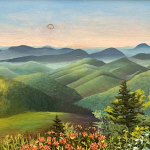 The Journey of Light by Lindsey Veil  Image: Right panel of The Journey of Light triptych. 30” x 45” 
I altered the landscape some to fit my composition better, and to lead the viewers eye to specific places.