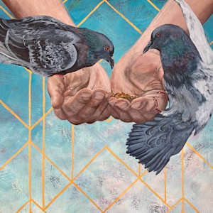 Kindness by Lindsey Veil  Image: Detail of birds eating bird seed from hands.