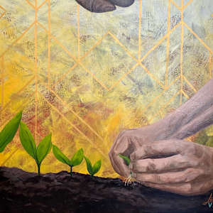 Kindness by Lindsey Veil  Image: Detail of the bottom of the panel. Represents cultivating and taking care of the earth.